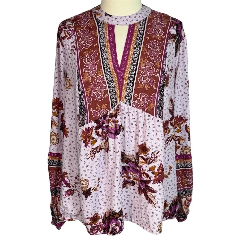 Maurices Women's L Purple Floral Boho Peasant Blouse Long Sleeve - Picture 3 of 9